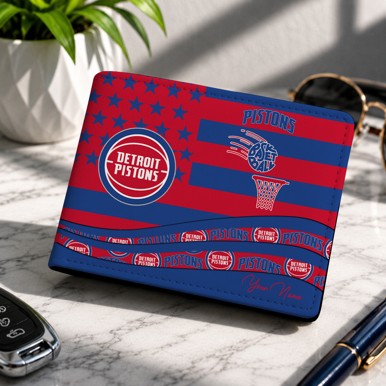 SPECIAL EDITION - NEW CUSTOMIZED NBA14 DPI DETROIT PISTONS LEATHER WALLET