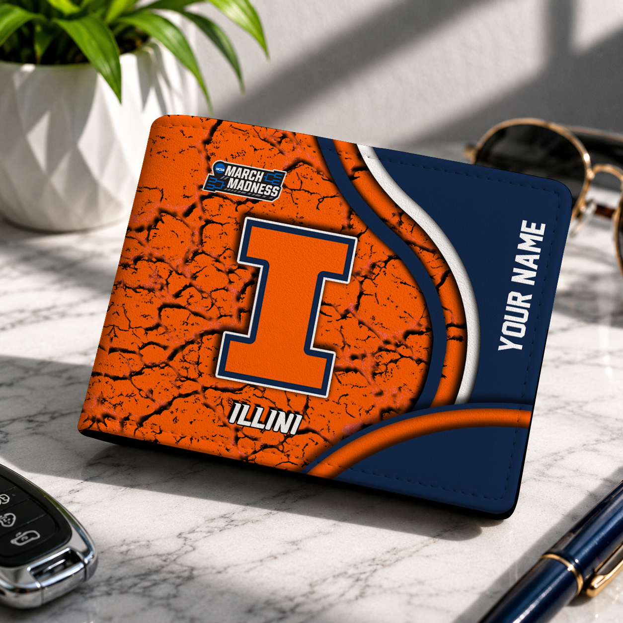 FINAL CLEARANCE - NEW CUSTOMIZED NCAA MAM15 IFI ILLINOIS FIGHTING ILLINI LEATHER WALLET
