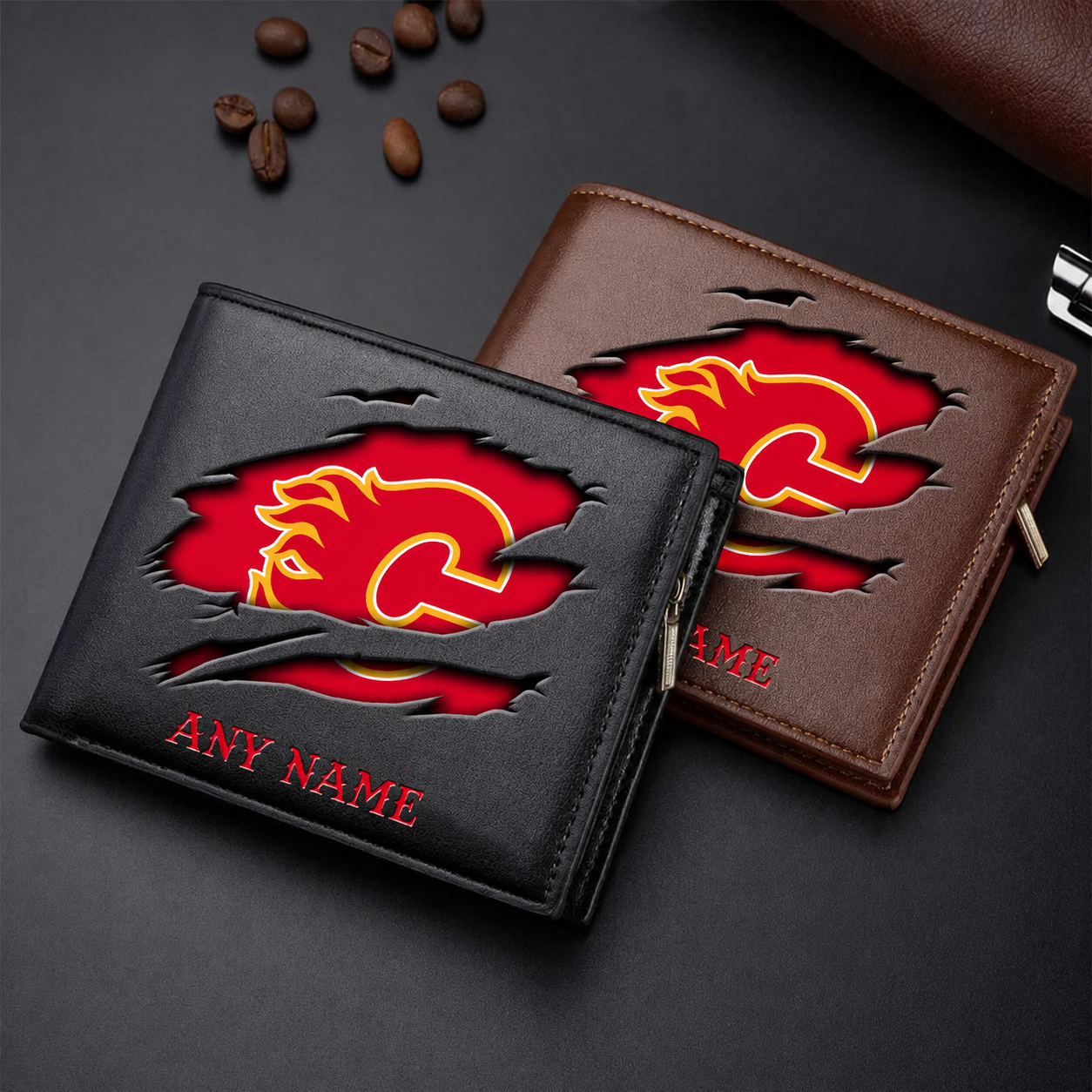 LIMITED EDITION - NEW CUSTOMIZED NHL17 CGF CALGARY FLAMES LEATHER WALLET