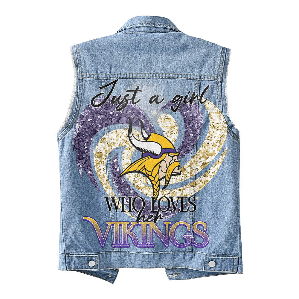 LIMITED EDITION - NEW PREMIUM NFL05 MVK MINNESOTA VIKINGS UNISEX SLEEVELESS DENIM JACKET