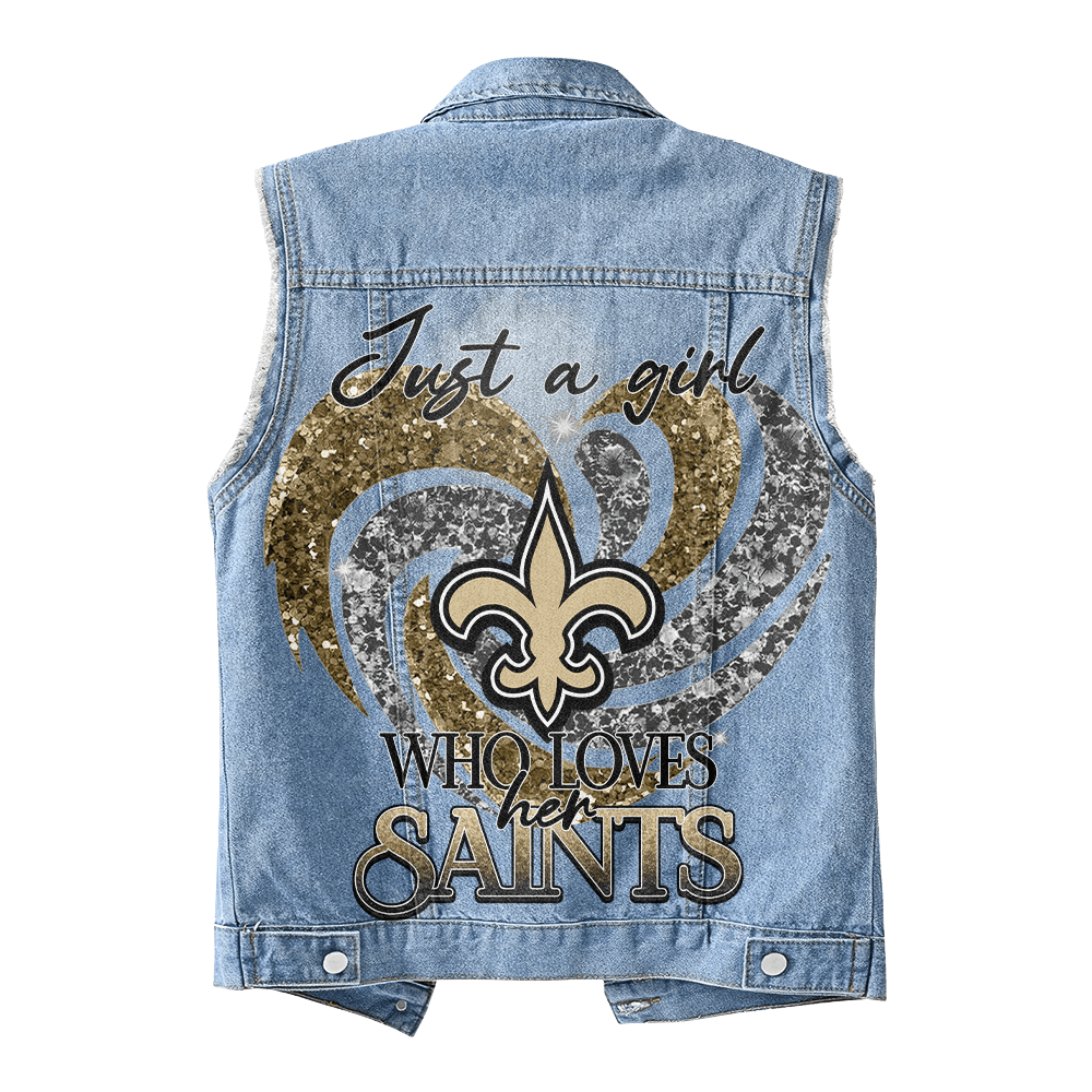 LIMITED EDITION - NEW PREMIUM NFL24 NOS NEW ORLEANS SAINTS UNISEX SLEEVELESS DENIM JACKET