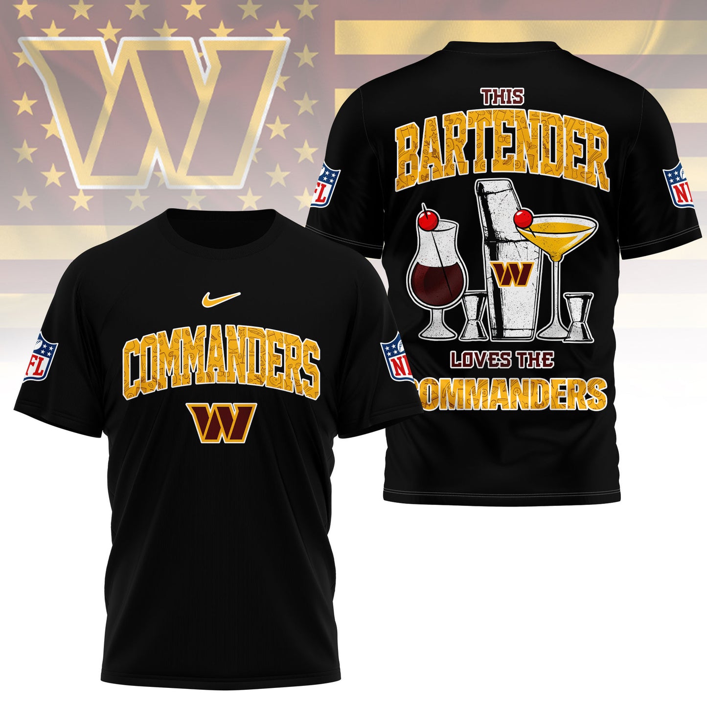 LIMITED EDITION - NEW CUSTOMIZED NFL12 WTC WASHINGTON COMMANDERS BARTENDER FAN 3D SHIRT