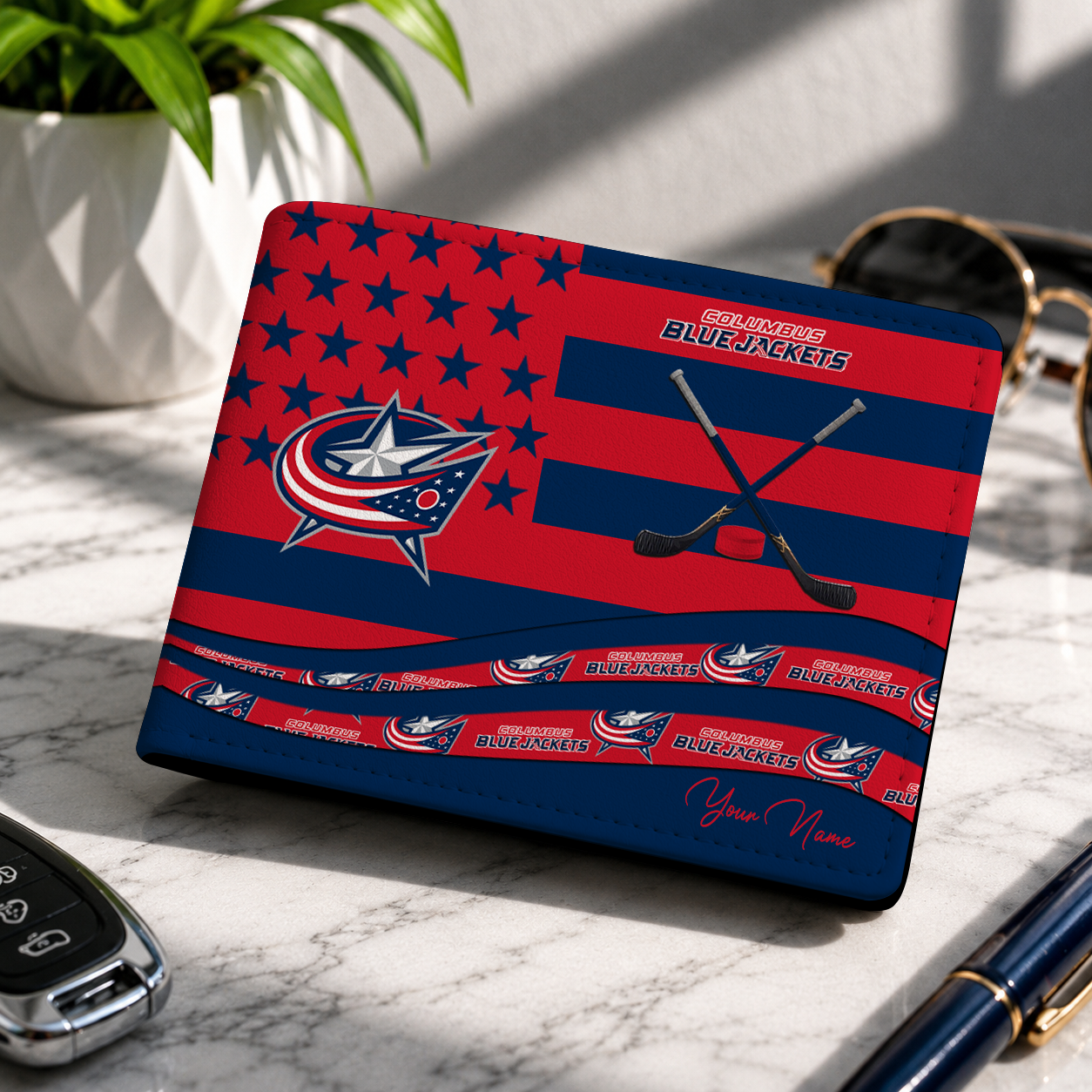 LIMITED EDITION - NEW CUSTOMIZED NHL18 CBJ COLUMBUS BLUE JACKETS LEATHER WALLET