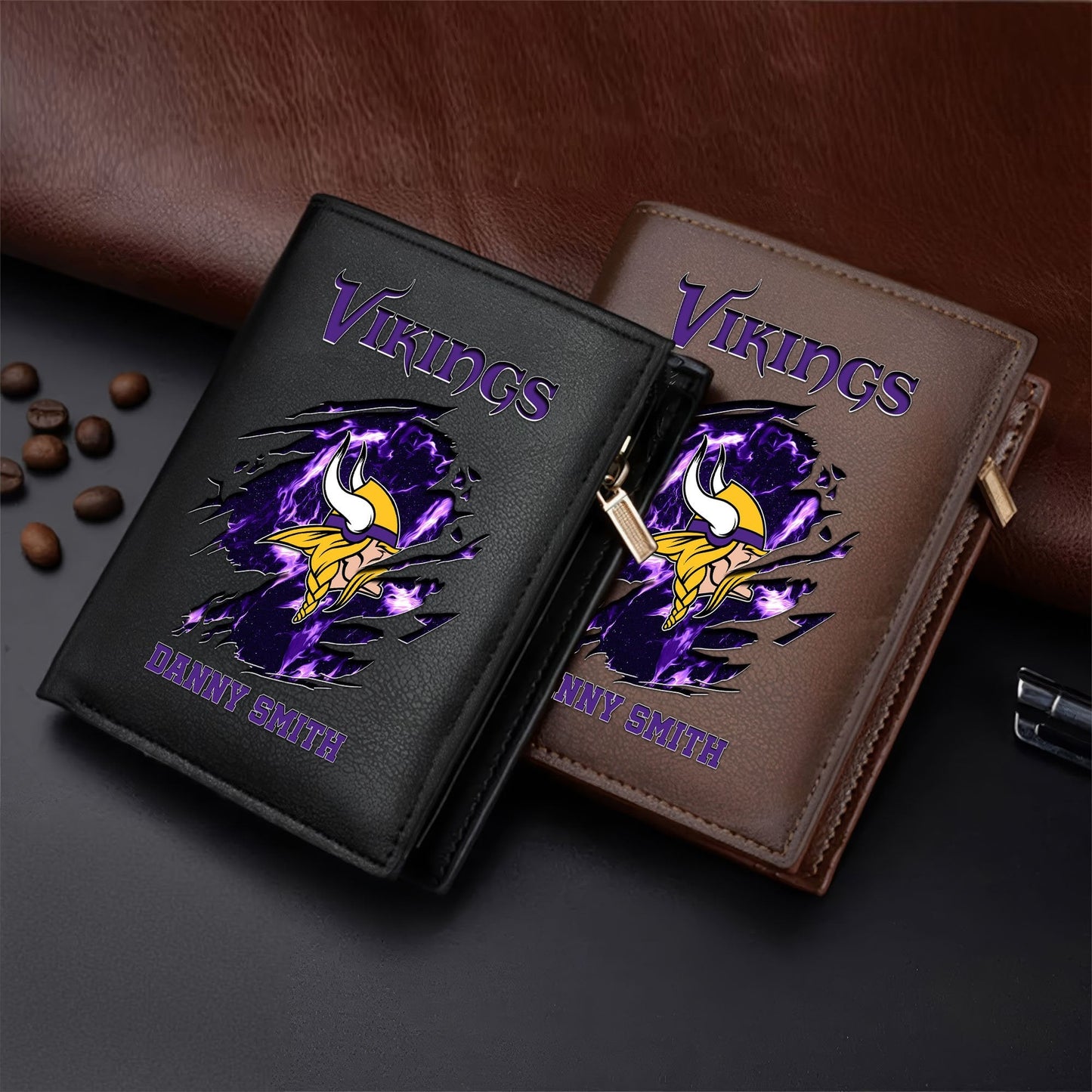 LIMITED EDITION - NEW CUSTOMIZED NFL05 MVK MINNESOTA VIKINGS LEATHER VERTICAL WALLET