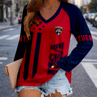 LIMITED EDITION - NEW CUSTOMIZED NHL01 FPT FLORIDA PANTHERS WOMEN'S V-NECK LONG SLEEVED SHIRT