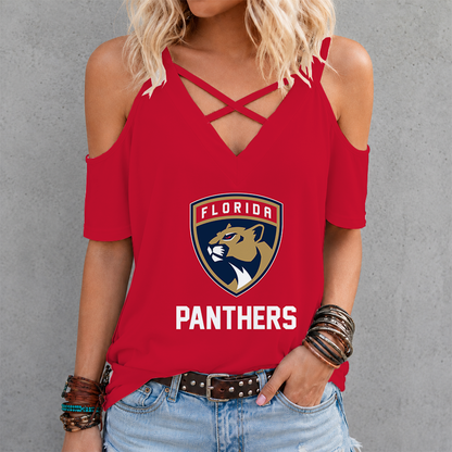 LIMITED EDITION - NEW CUSTOMIZED NHL01 FPT FLORIDA PANTHERS CRISS CROSS V-NECK TOP