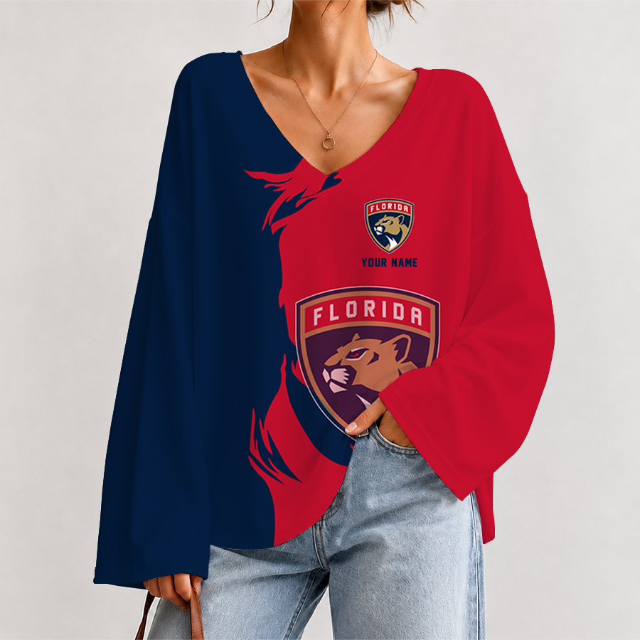 [SUPER SALE] NEW CUSTOMIZED NHL01 FPT FLORIDA PANTHERS V-NECK LONG SLEEVED CROP TOP