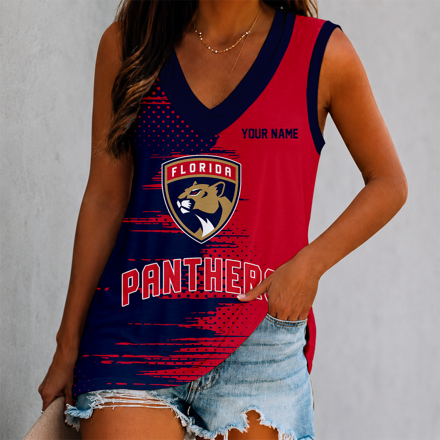 LIMITED EDITION - NEW CUSTOMIZED NHL01 FPT FLORIDA PANTHERS WOMEN'S V-NECK TANK TOP