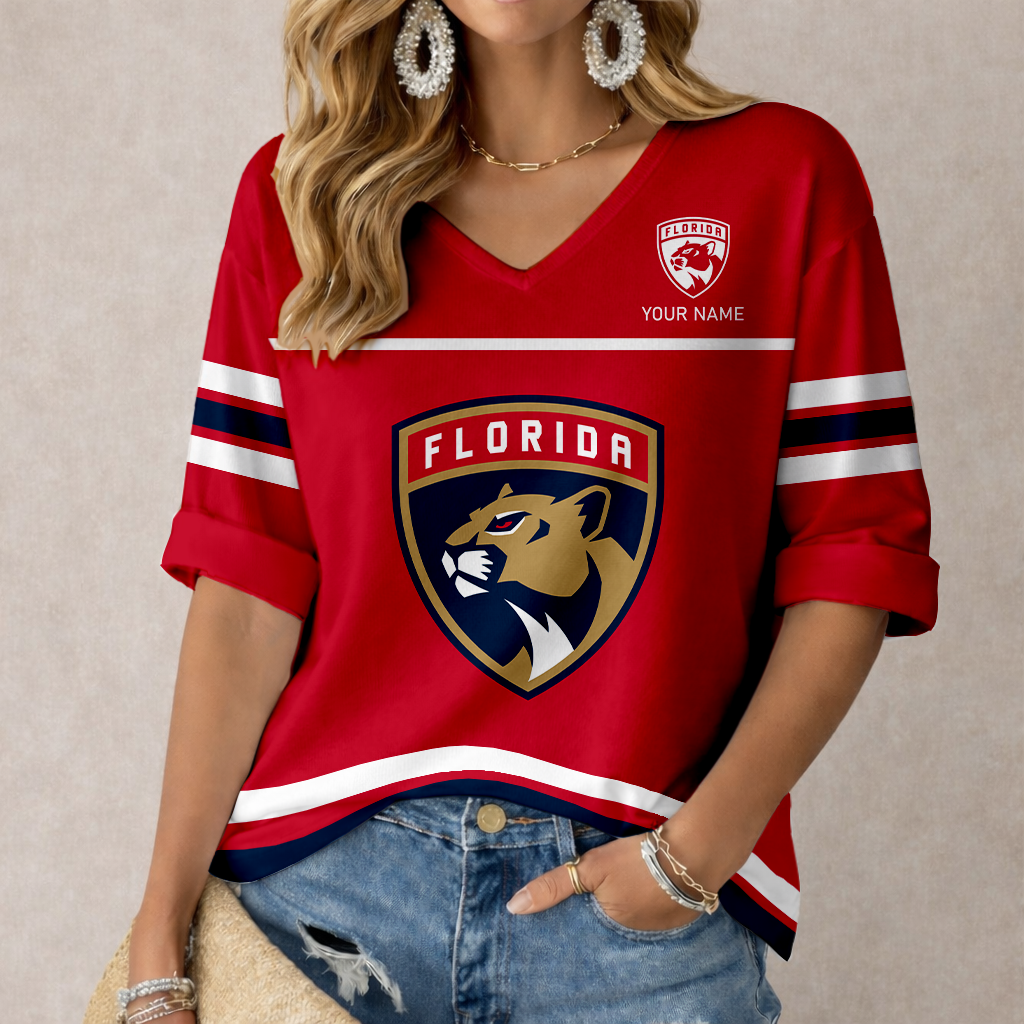 LIMITED EDITION - NEW CUSTOMIZED NHL01 FPT FLORIDA PANTHERS WOMEN'S HEART V-NECK LONG SLEEVE SHIRT