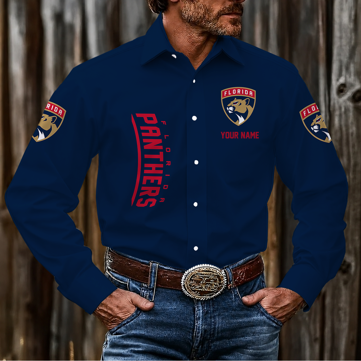 LIMITED EDITION - NEW CUSTOMIZED NHL01 FPT FLORIDA PANTHERS MEN'S LONG SLEEVE BUTTON-UP SHIRT