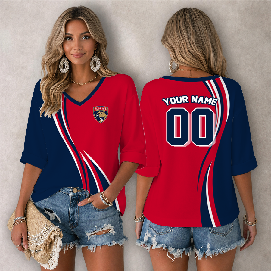 LIMITED EDITION - NEW CUSTOMIZED NHL01 FPT FLORIDA PANTHERS WOMEN'S HEART V-NECK LONG SLEEVE SHIRT