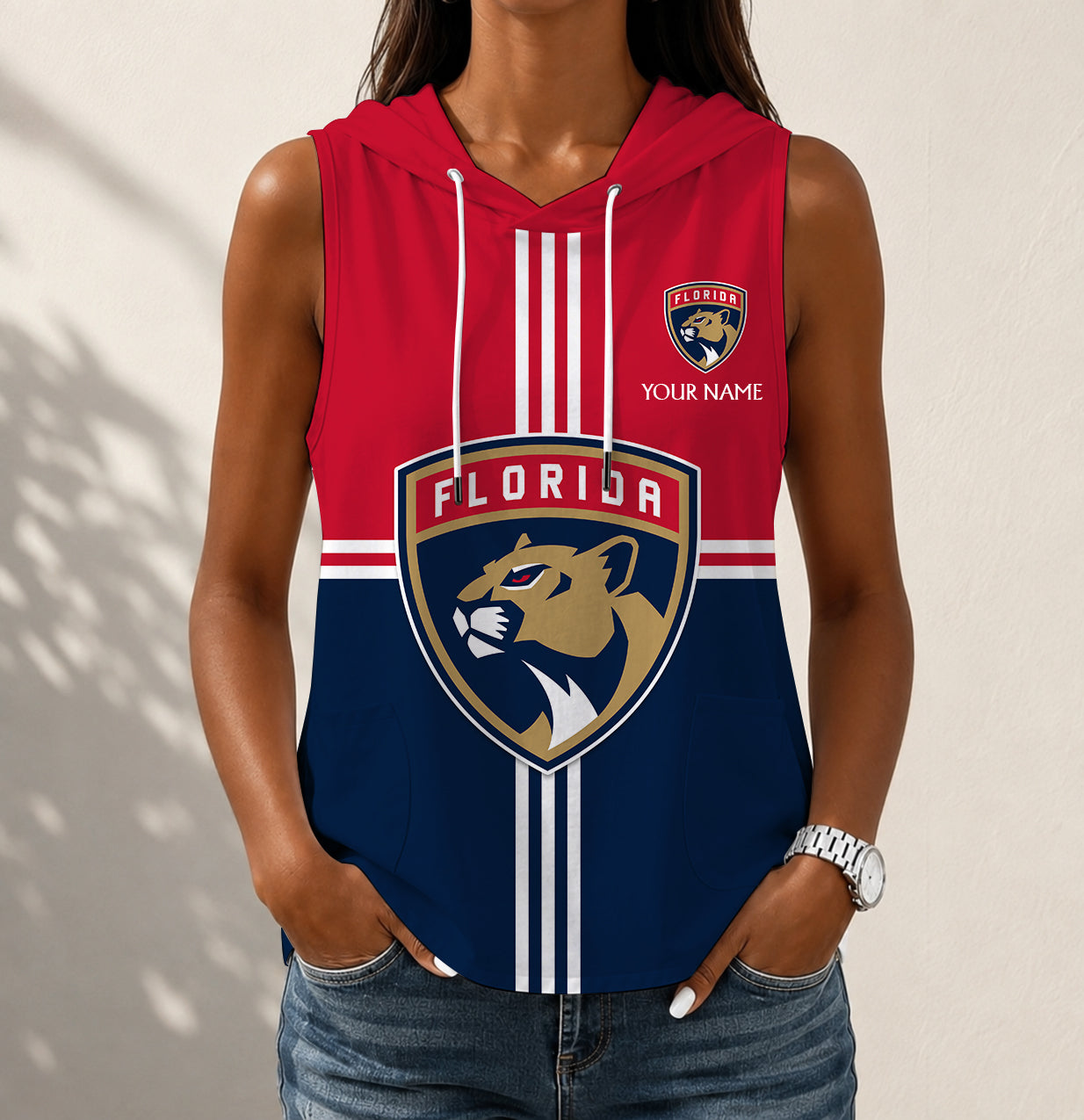 VIRAL EDITION - NEW CUSTOMIZED NHL01 FPT FLORIDA PANTHERS WOMEN'S SLEEVELESS HOODED POCKET TANK TOP