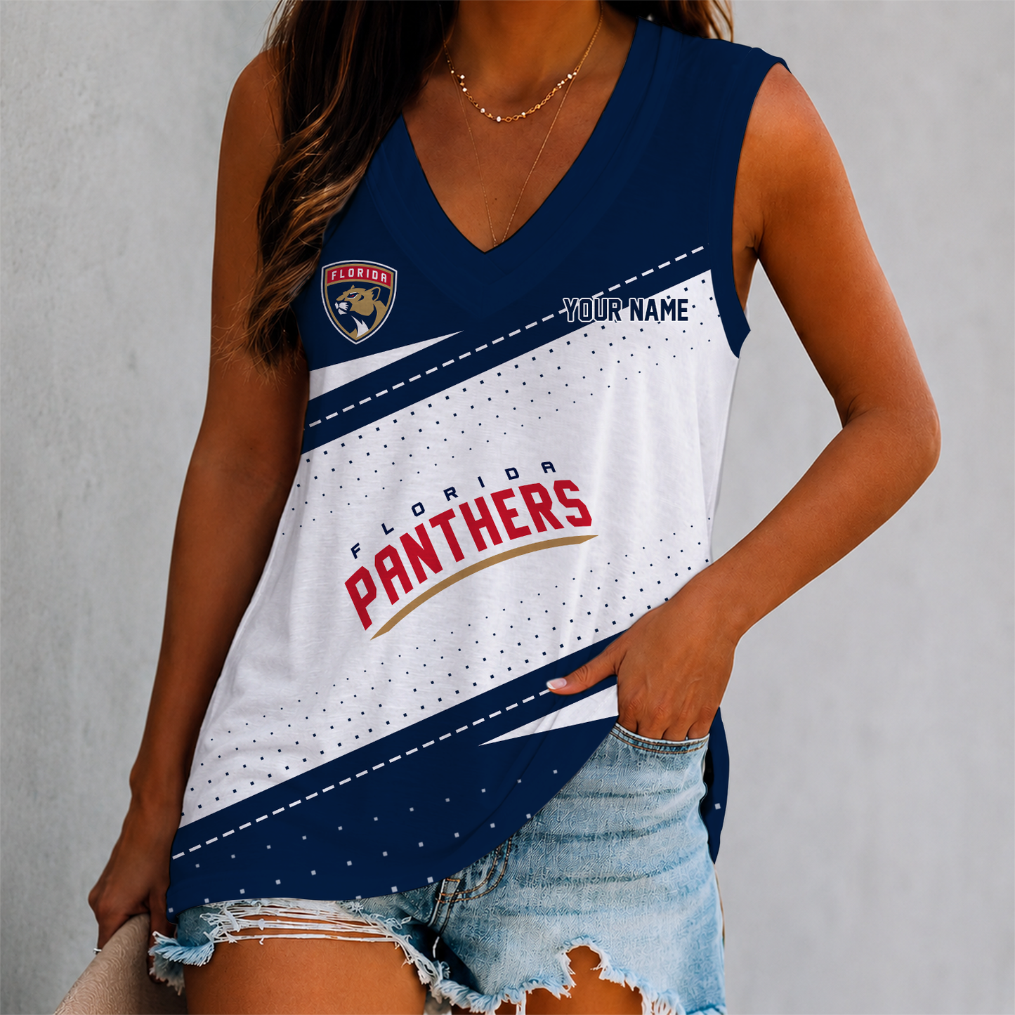 LIMITED EDITION - NEW CUSTOMIZED NHL01 FPT FLORIDA PANTHERS WOMEN'S V-NECK TANK TOP