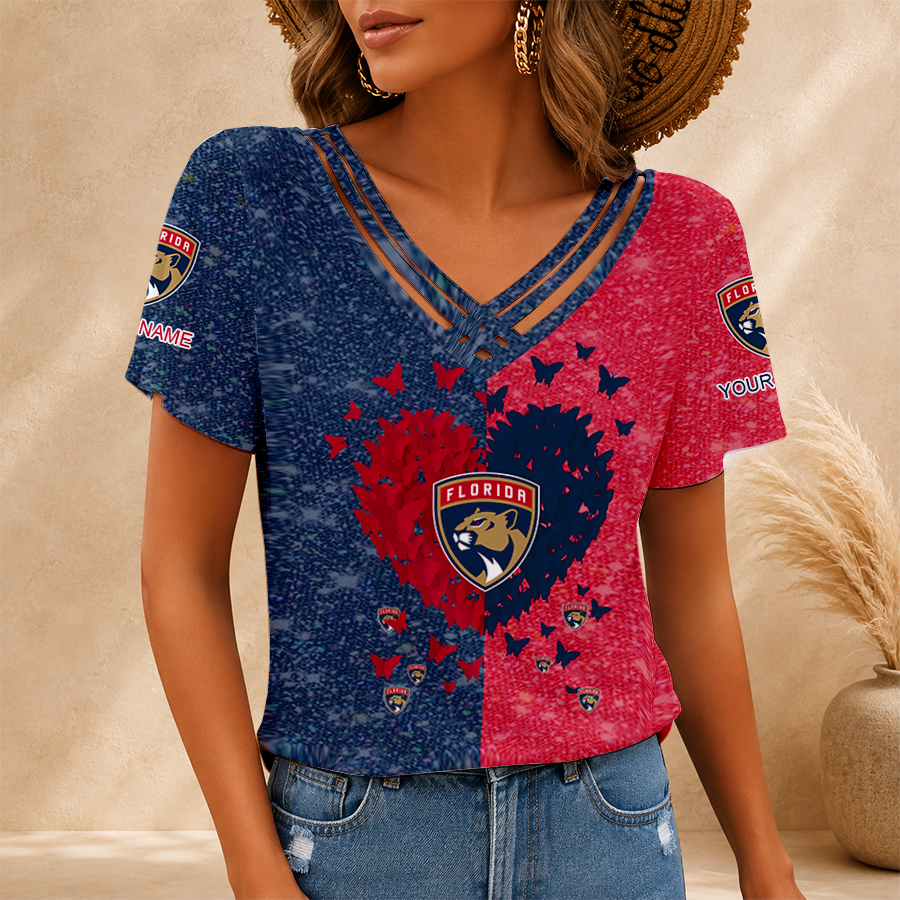 LIMITED EDITION - NEW CUSTOMIZED NHL01 FPT FLORIDA PANTHERS V-NECK SHIRT