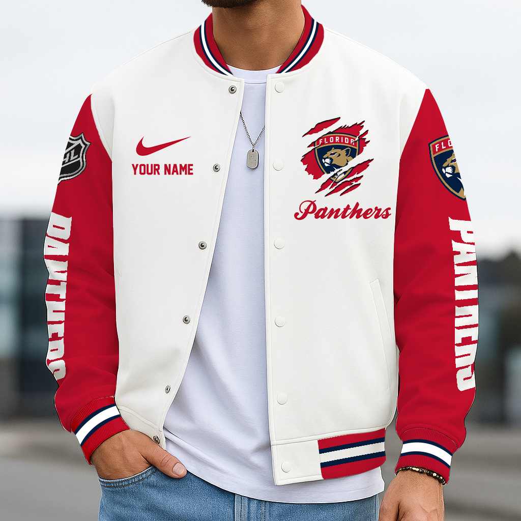 LIMITED EDITION - NEW CUSTOMIZED NHL01 FPT FLORIDA PANTHERS BASEBALL JACKET, SATIN VARSITY JACKET