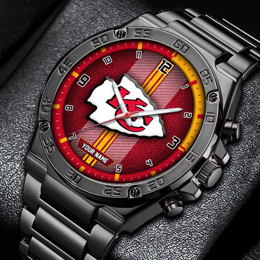 LIMITED EDITION - NEW CUSTOMIZED NFL01 KCC KANSAS CITY CHIEFS LUXURY STAINLESS STEEL WATCH