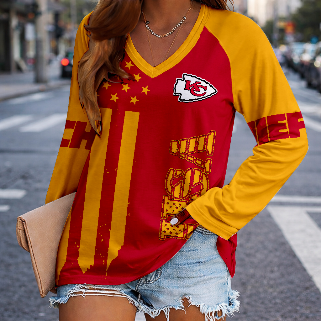 LIMITED EDITION - NEW CUSTOMIZED NFL01 KCC KANSAS CITY CHIEFS WOMEN'S V-NECK LONG SLEEVED SHIRT
