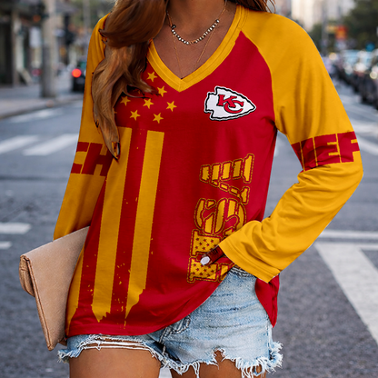 LIMITED EDITION - NEW CUSTOMIZED NFL01 KCC KANSAS CITY CHIEFS WOMEN'S V-NECK LONG SLEEVED SHIRT