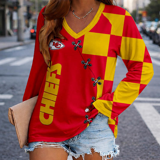 LIMITED EDITION - NEW CUSTOMIZED NFL01 KCC KANSAS CITY CHIEFS WOMEN'S V-NECK LONG SLEEVED SHIRT