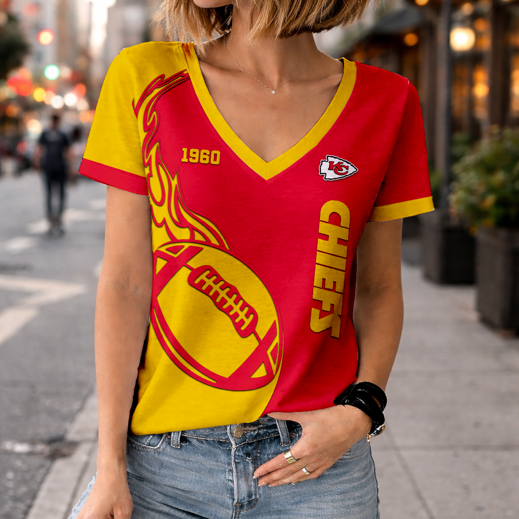 LIMITED EDITION - NEW CUSTOMIZED NFL01 KCC KANSAS CITY CHIEFS WOMEN'S V-NECK SHORT SLEEVED T-SHIRT
