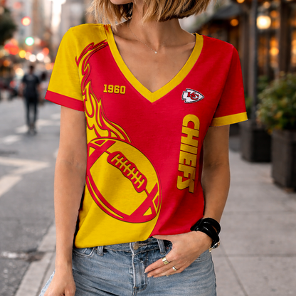 LIMITED EDITION - NEW CUSTOMIZED NFL01 KCC KANSAS CITY CHIEFS WOMEN'S V-NECK SHORT SLEEVED T-SHIRT