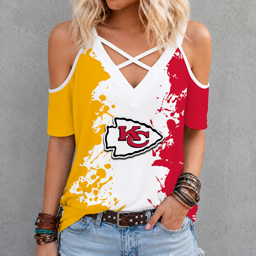[SPECIAL OFFER] NEW CUSTOMIZED NFL01 KCC KANSAS CITY CHIEFS CRISS CROSS V-NECK TOP
