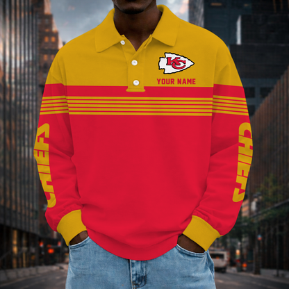 LIMITED EDITION - NEW CUSTOMIZED NFL01 KCC KANSAS CITY CHIEFS LONG SLEEVE POLO SHIRT
