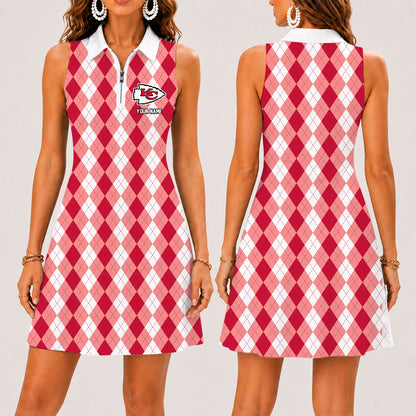 [SPECIAL OFFER] NEW CUSTOMIZED NFL01 KCC KANSAS CITY CHIEFS WOMEN'S ZIP SLEEVELESS POLO DRESS