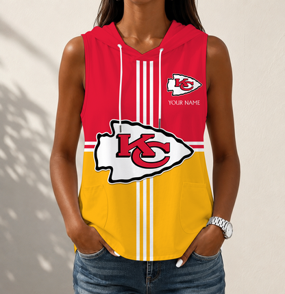 LIMITED EDITION - NEW CUSTOMIZED NFL01 KCC KANSAS CITY CHIEFS WOMEN'S SLEEVELESS HOODED POCKET TANK TOP