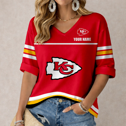 LIMITED EDITION - NEW CUSTOMIZED NFL01 KCC KANSAS CITY CHIEFS WOMEN'S V-NECK MID-SLEEVE SHIRT