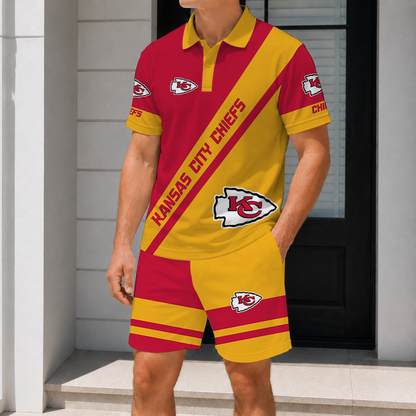 SPECIAL EDITION - NEW CUSTOMIZED NFL01 KCC KANSAS CITY CHIEFS POLO SHIRT & SHORT PANTS SET