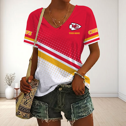 LIMITED EDITION - NEW CUSTOMIZED NFL01 KCC KANSAS CITY CHIEFS V-NECK FEMALE SHIRT