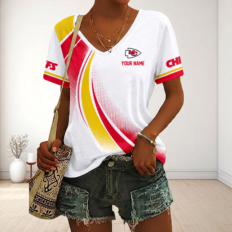 LIMITED EDITION - NEW CUSTOMIZED NFL01 KCC KANSAS CITY CHIEFS V-NECK FEMALE SHIRT