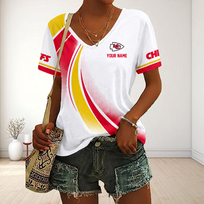 LIMITED EDITION - NEW CUSTOMIZED NFL01 KCC KANSAS CITY CHIEFS V-NECK FEMALE SHIRT