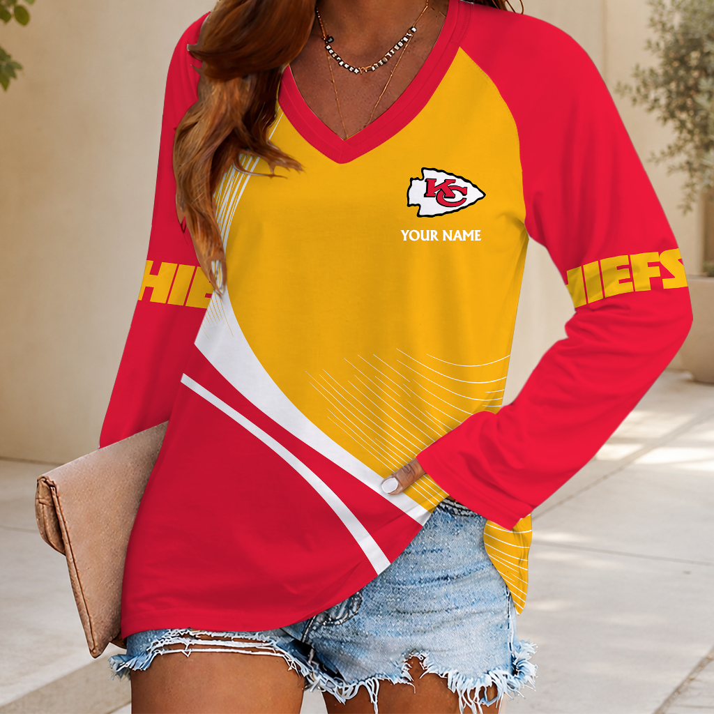 LIMITED EDITION - NEW CUSTOMIZED NFL01 KCC KANSAS CITY CHIEFS WOMEN'S V-NECK LONG SLEEVED SHIRT