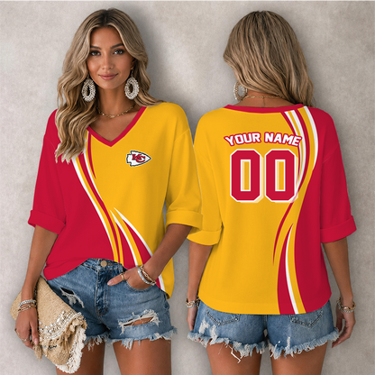 LIMITED EDITION - NEW CUSTOMIZED NFL01 KCC KANSAS CITY CHIEFS WOMEN'S HEART V-NECK LONG SLEEVE SHIRT