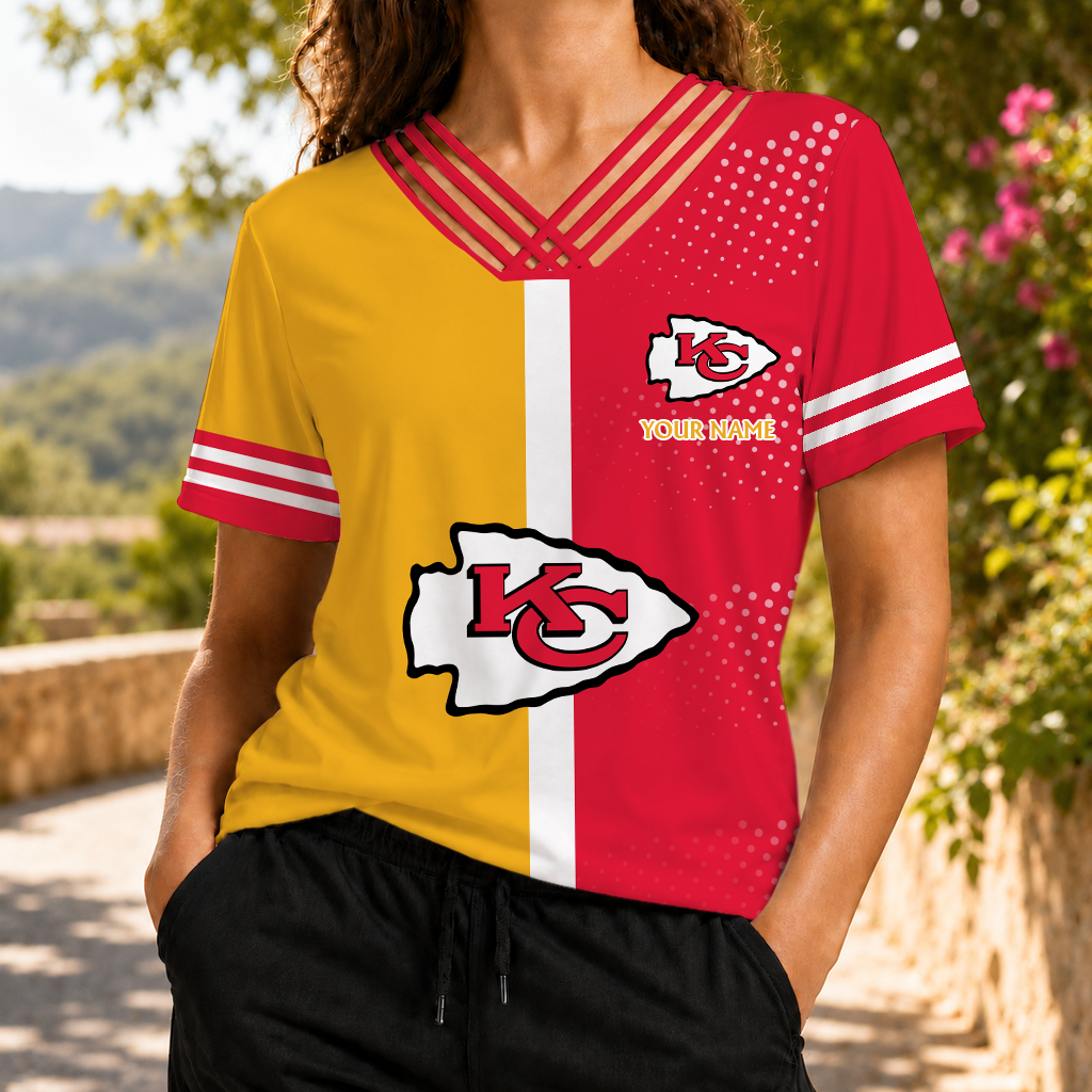 LIMITED EDITION - NEW CUSTOMIZED NFL01 KCC KANSAS CITY CHIEFS V-NECK SHIRT