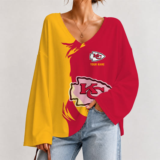 [SPECIAL OFFER] NEW CUSTOMIZED NFL01 KCC KANSAS CITY CHIEFS V NECK LONG SLEEVED CROP TOP