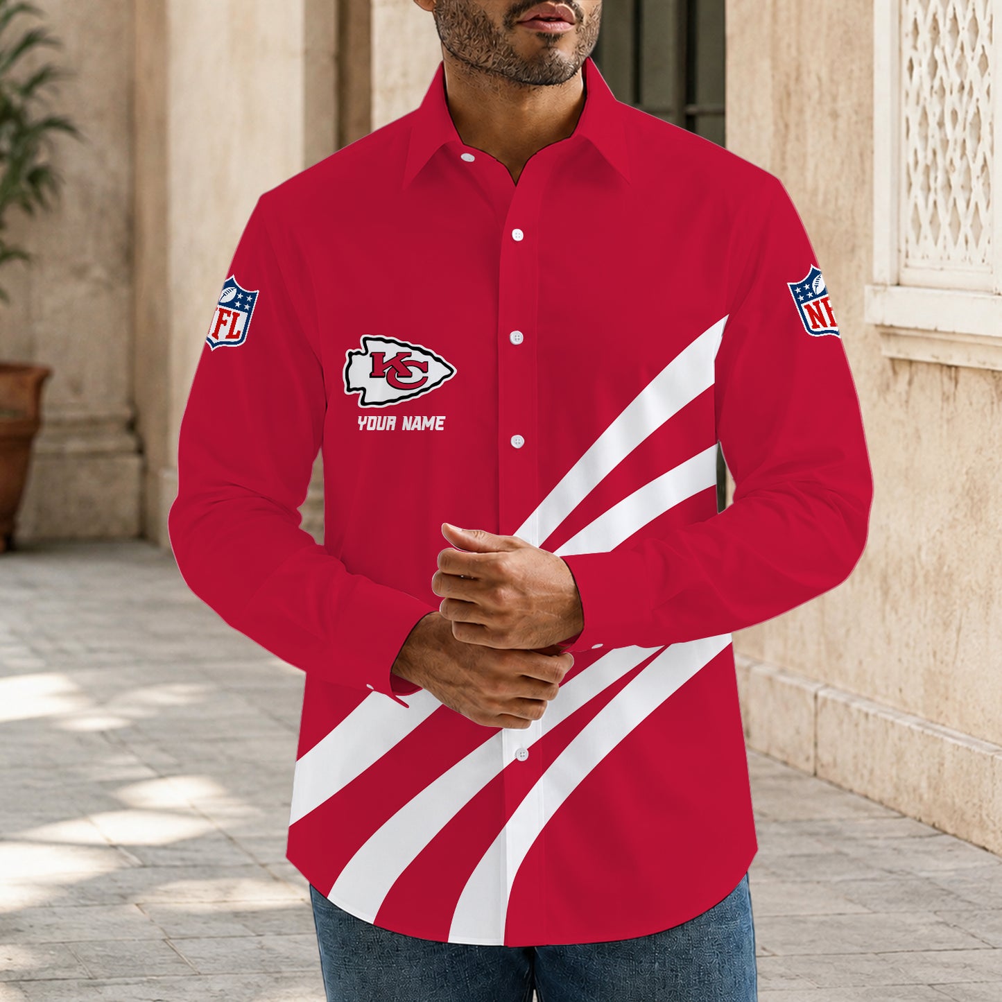 [SPECIAL OFFER] NEW CUSTOMIZED NFL01 KCC KANSAS CITY CHIEFS MEN'S LONG SLEEVE BUTTON-UP SHIRT