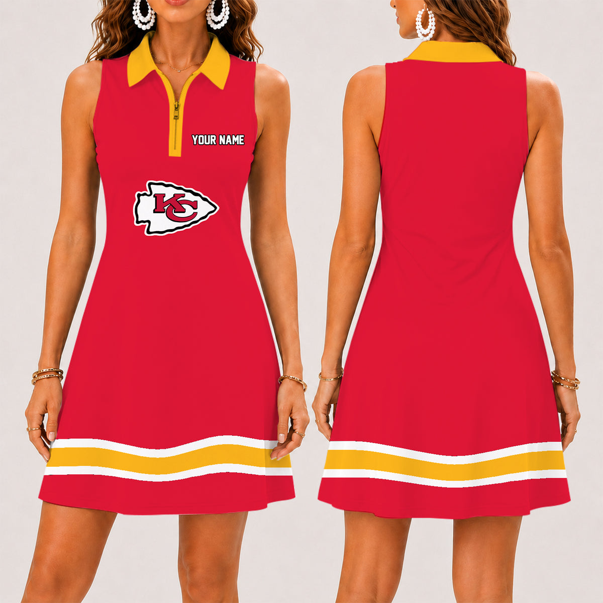 [SPECIAL OFFER] NEW CUSTOMIZED NFL01 KCC KANSAS CITY CHIEFS WOMEN'S ZIP SLEEVELESS POLO DRESS