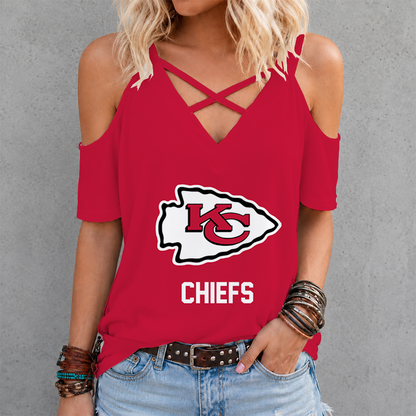 LIMITED EDITION - NEW CUSTOMIZED NFL01 KCC KANSAS CITY CHIEFS CRISS CROSS V-NECK TOP