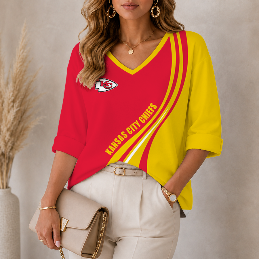 [SPECIAL OFFER] NEW CUSTOMIZED NFL01 KCC KANSAS CITY CHIEFS WOMEN'S HEART V-NECK LONG SLEEVE SHIRT