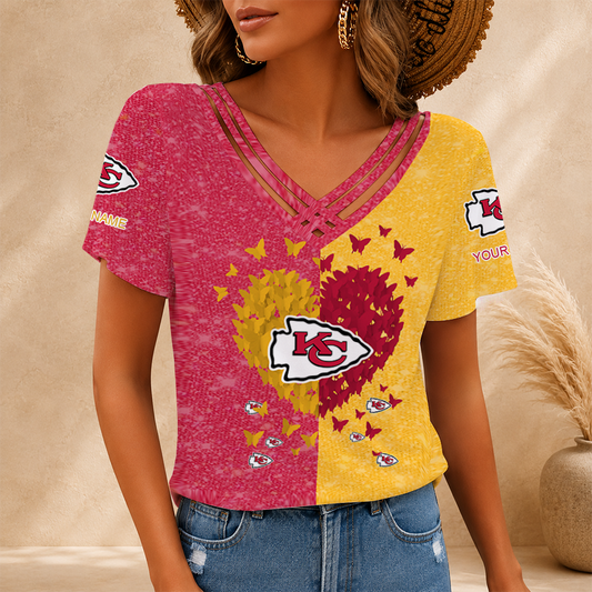 LIMITED EDITION - NEW CUSTOMIZED NFL01 KCC KANSAS CITY CHIEFS V-NECK SHIRT