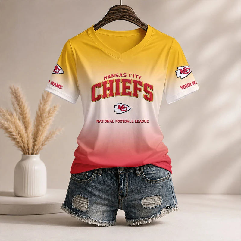 LIMITED EDITION - NEW CUSTOMIZED NFL01 KCC KC CHIEFS V-NECK FEMALE SHIRT