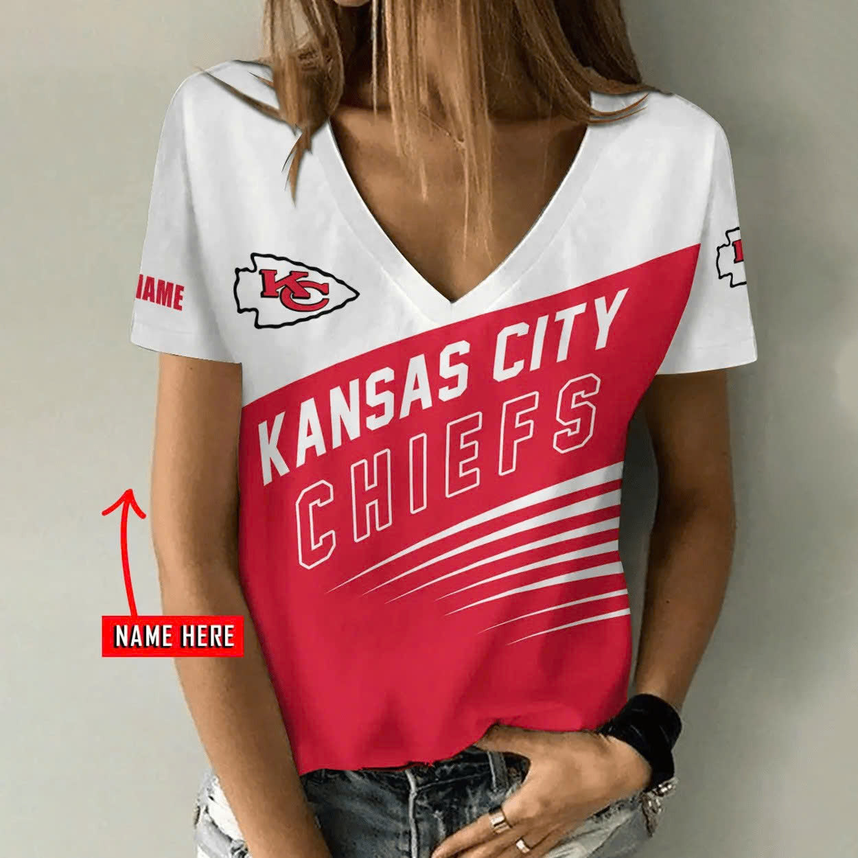 [SPECIAL OFFER] NEW CUSTOMIZED NFL01 KCC KANSAS CITY CHIEFS V-NECK FEMALE SHIRT