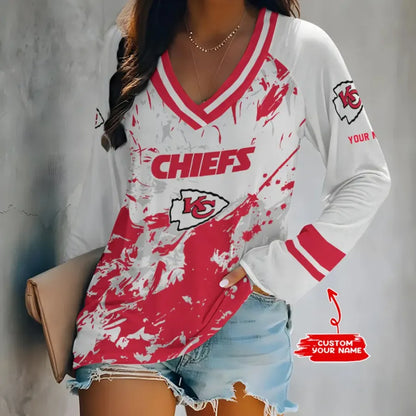 [SPECIAL OFFER] NEW CUSTOMIZED NFL01 KCC KANSAS CITY CHIEFS WOMEN'S V-NECK LONG SLEEVED SHIRT