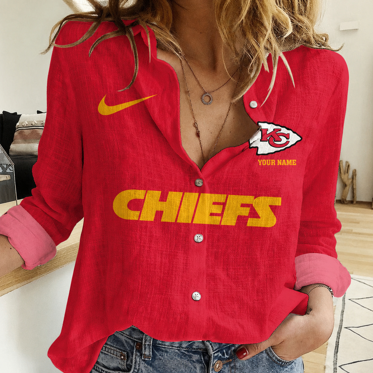 LIMITED EDITION - NEW CUSTOMIZED NFL01 KCC KANSAS CITY CHIEFS WOMEN CASUAL SHIRT