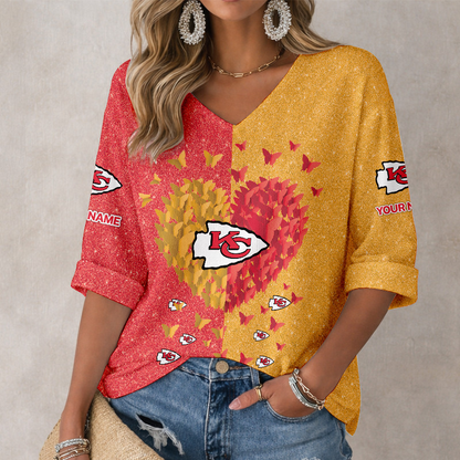 LIMITED EDITION - NEW CUSTOMIZED NFL01 KCC KANSAS CITY CHIEFS WOMEN'S HEART V-NECK LONG SLEEVE SHIRT
