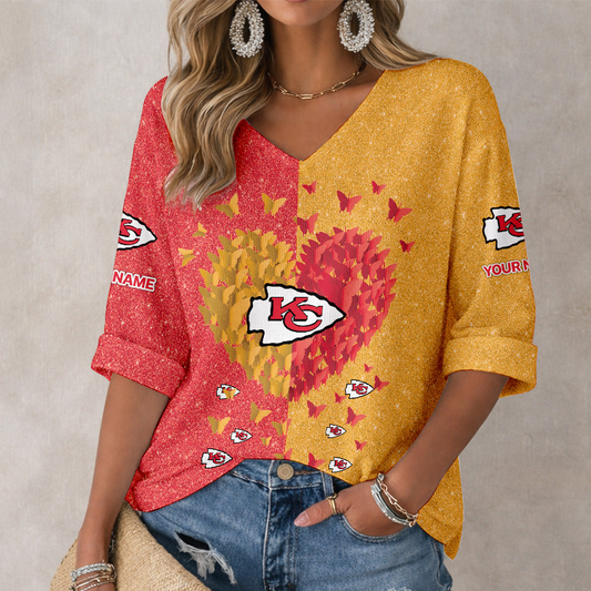 LIMITED EDITION - NEW CUSTOMIZED NFL01 KCC KANSAS CITY CHIEFS WOMEN'S HEART V-NECK LONG SLEEVE SHIRT