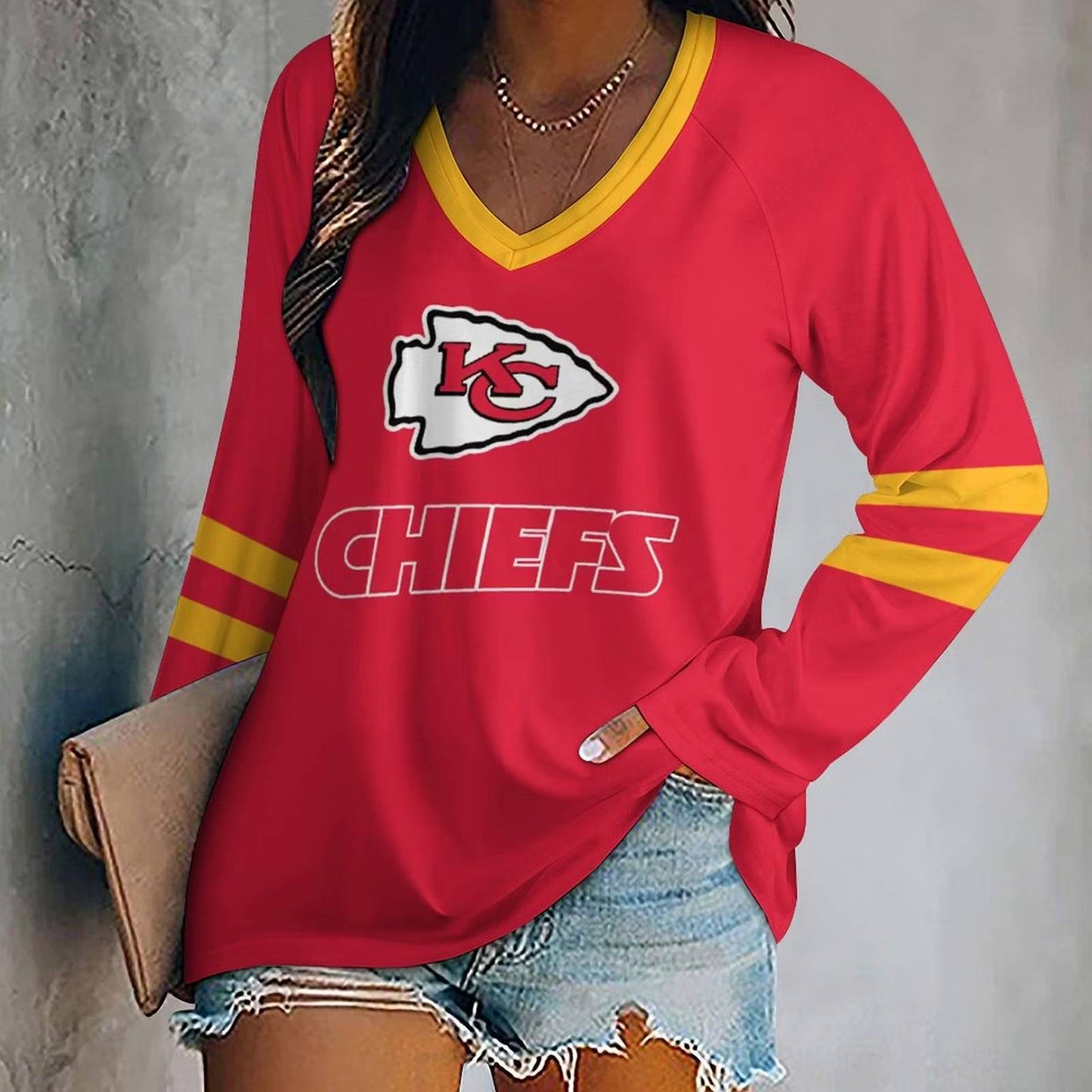 LIMITED EDITION - NEW CUSTOMIZED NFL01 KCC KANSAS CITY CHIEFS WOMEN'S V-NECK LONG SLEEVED SHIRT